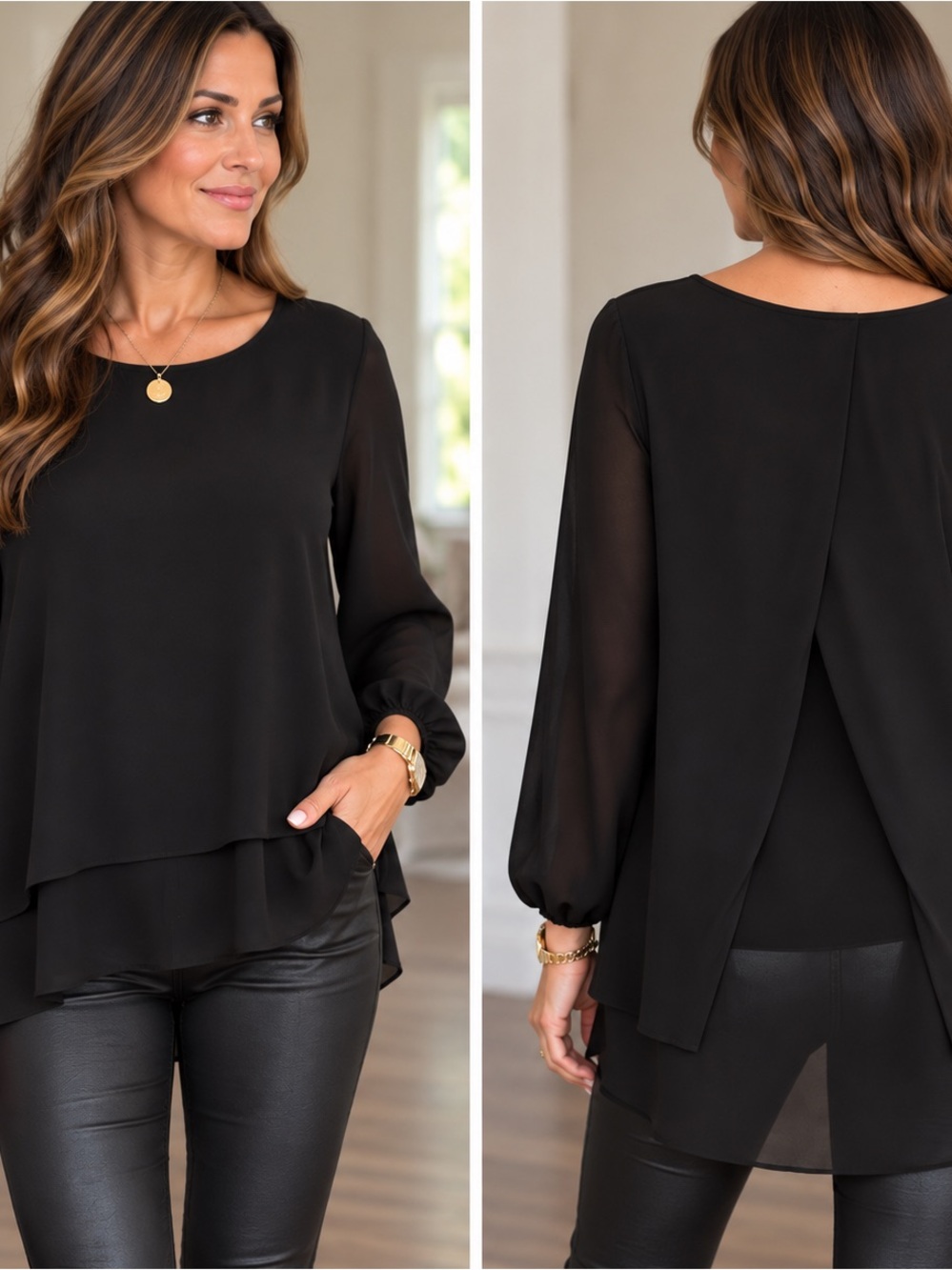 White House Black Market Black Layered Chiffon Back-Slit Blouse